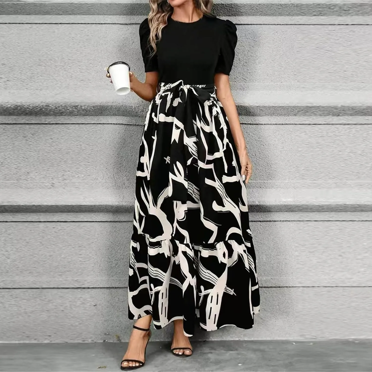 Womens Floral Maxi Dress Short Sleeve Empire Waist Elegant Long Dress with Belt Summer Casual Vintage Flowy Dresses