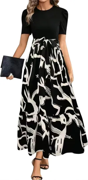 Womens Floral Maxi Dress Short Sleeve Empire Waist Elegant Long Dress with Belt Summer Casual Vintage Flowy Dresses
