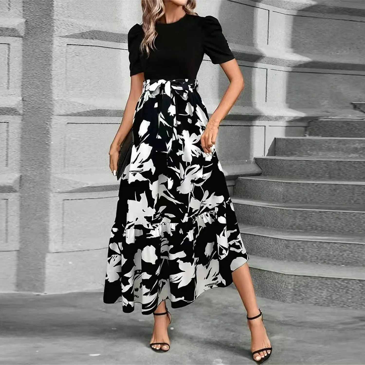 Womens Floral Maxi Dress Short Sleeve Empire Waist Elegant Long Dress with Belt Summer Casual Vintage Flowy Dresses