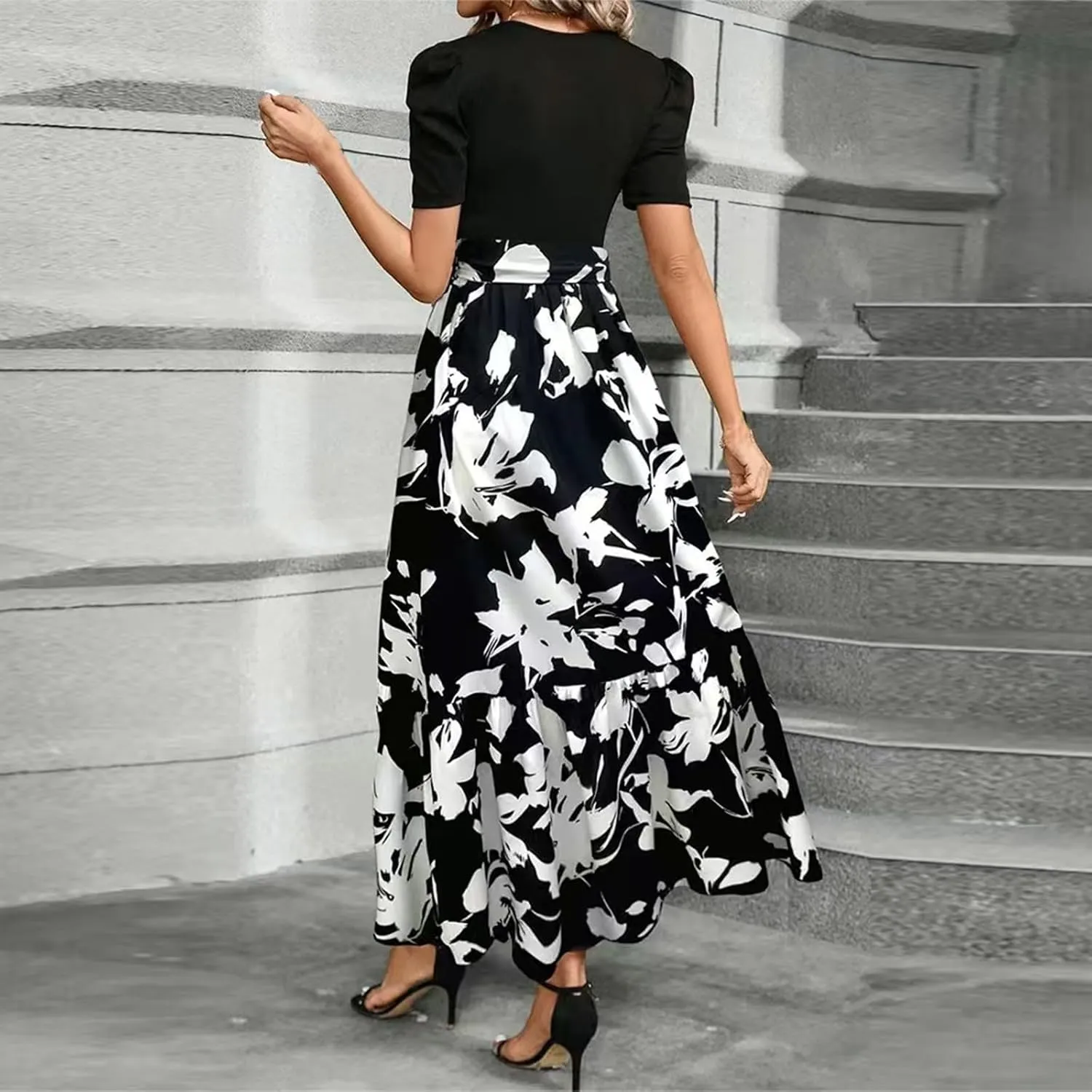 Womens Floral Maxi Dress Short Sleeve Empire Waist Elegant Long Dress with Belt Summer Casual Vintage Flowy Dresses
