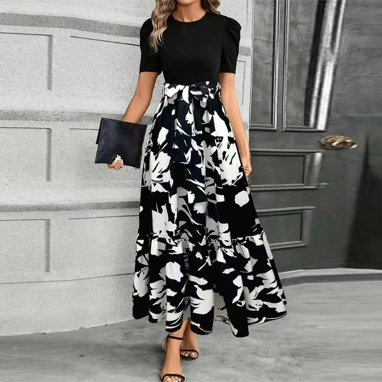 Womens Floral Maxi Dress Short Sleeve Empire Waist Elegant Long Dress with Belt Summer Casual Vintage Flowy Dresses
