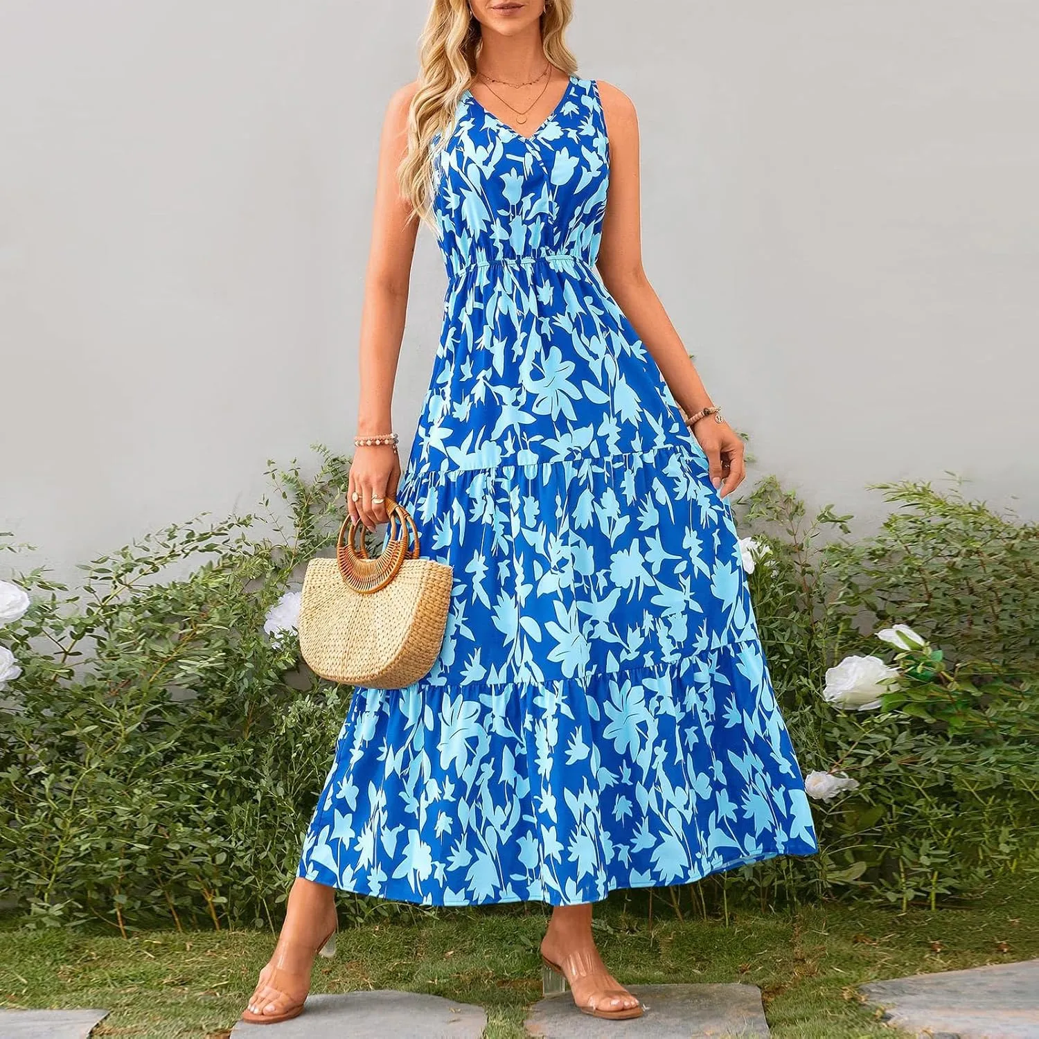 Womens Floral Maxi Dress V Neck Flowy Swing Summer A Line Dress Elastic Waist Sundress Elegant Wedding Guest Dresses