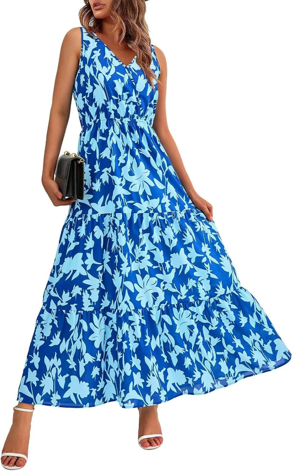 Womens Floral Maxi Dress V Neck Flowy Swing Summer A Line Dress Elastic Waist Sundress Elegant Wedding Guest Dresses