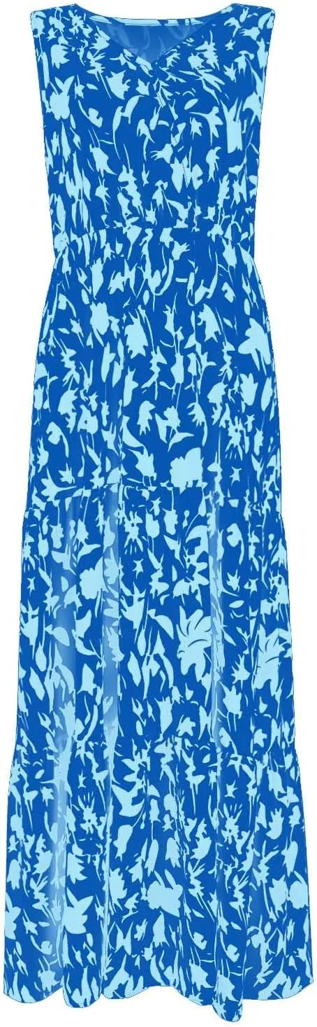 Womens Floral Maxi Dress V Neck Flowy Swing Summer A Line Dress Elastic Waist Sundress Elegant Wedding Guest Dresses