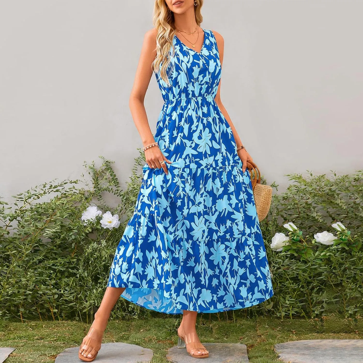 Womens Floral Maxi Dress V Neck Flowy Swing Summer A Line Dress Elastic Waist Sundress Elegant Wedding Guest Dresses