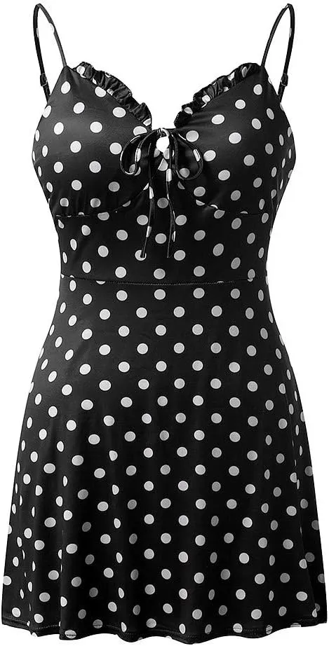 Women's Floral Print A Line Cami Dress Romper Spaghetti Strap Smocked Jumpsuit Tie Front Holiday Short Midi Dresses