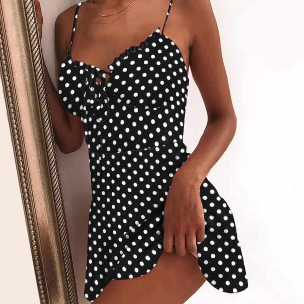 Women's Floral Print A Line Cami Dress Romper Spaghetti Strap Smocked Jumpsuit Tie Front Holiday Short Midi Dresses
