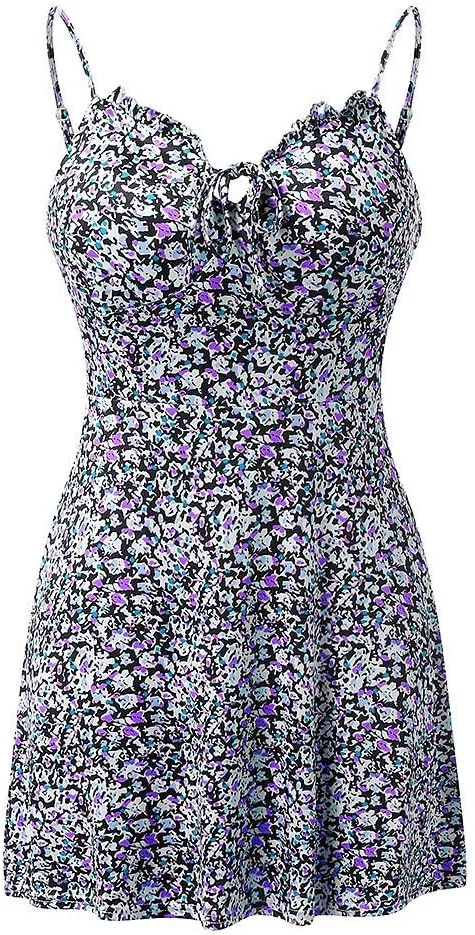 Women's Floral Print A Line Cami Dress Romper Spaghetti Strap Smocked Jumpsuit Tie Front Holiday Short Midi Dresses