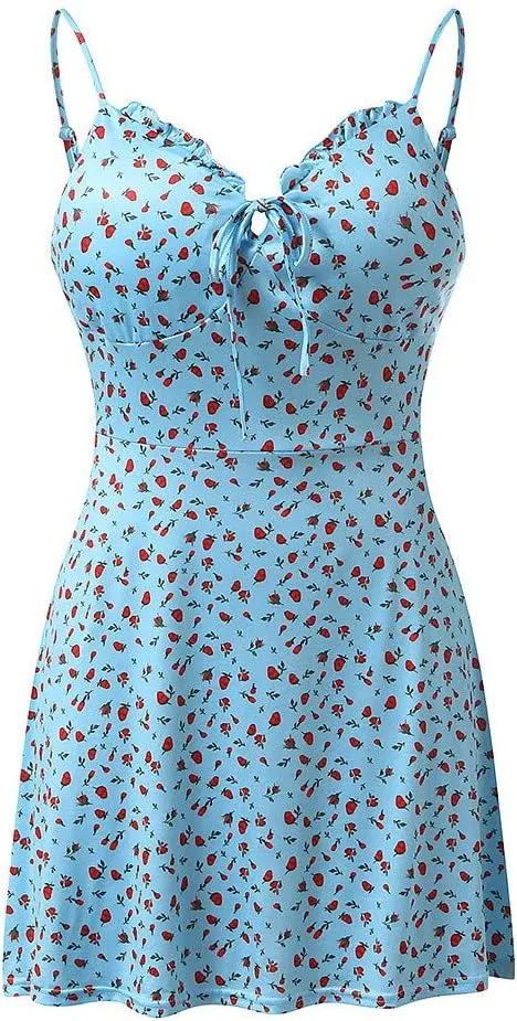 Women's Floral Print A Line Cami Dress Romper Spaghetti Strap Smocked Jumpsuit Tie Front Holiday Short Midi Dresses