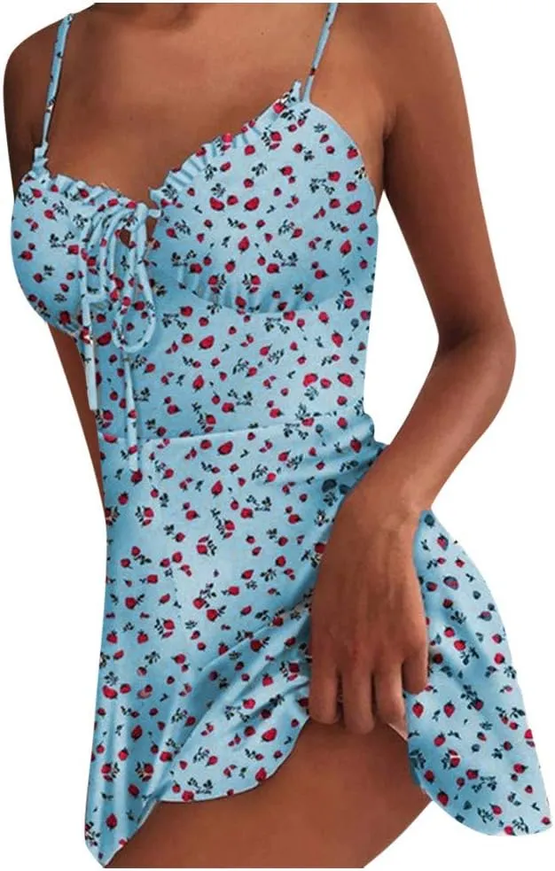 Women's Floral Print A Line Cami Dress Romper Spaghetti Strap Smocked Jumpsuit Tie Front Holiday Short Midi Dresses