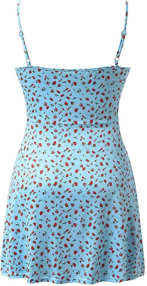 Women's Floral Print A Line Cami Dress Romper Spaghetti Strap Smocked Jumpsuit Tie Front Holiday Short Midi Dresses