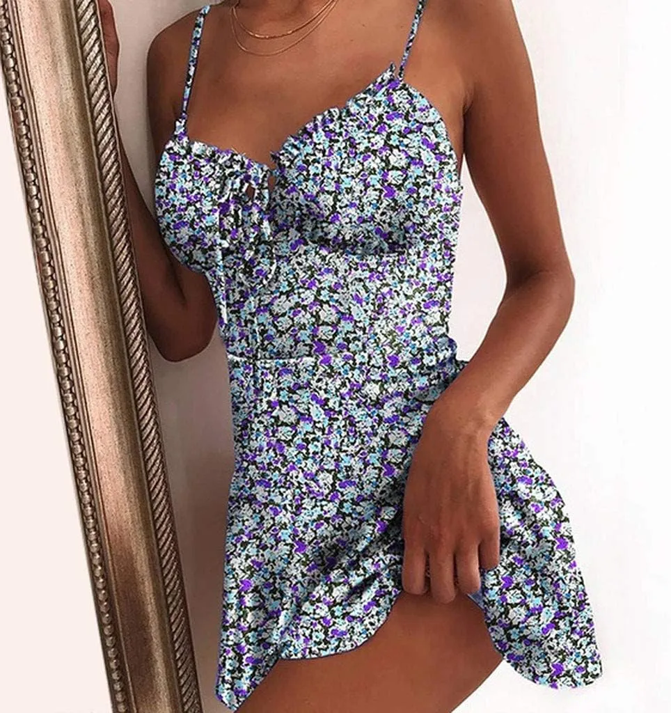 Women's Floral Print A Line Cami Dress Romper Spaghetti Strap Smocked Jumpsuit Tie Front Holiday Short Midi Dresses