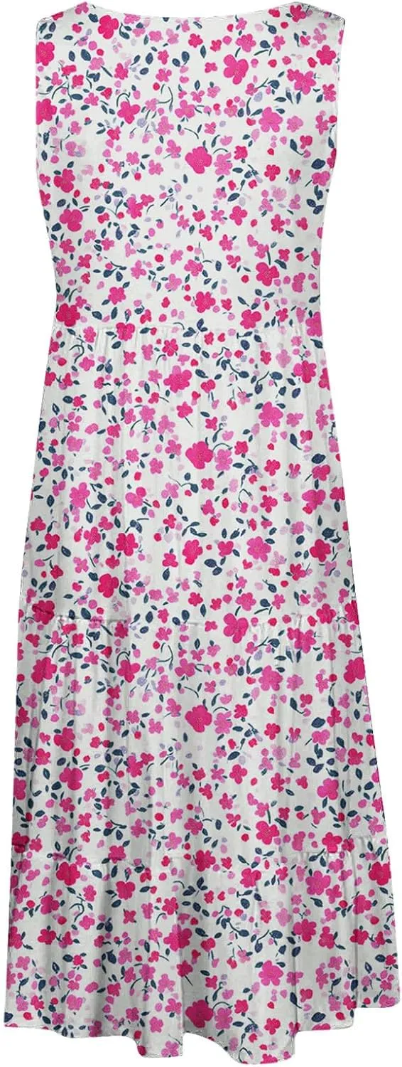 Women's Floral Print Dress Sleeveless Crewneck Summer Swing A-Line Dress Beach Casual Loose Sundress