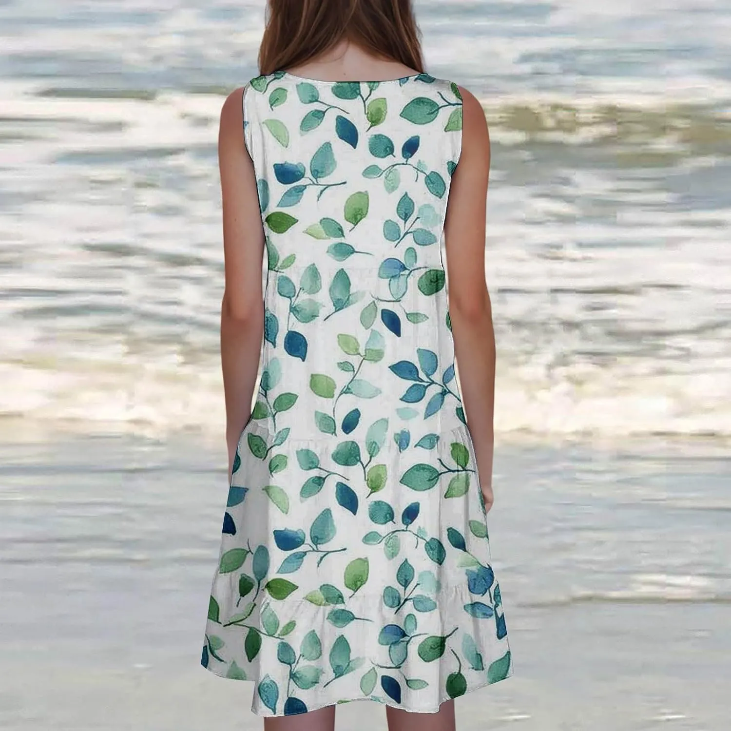 Women's Floral Print Dress Sleeveless Crewneck Summer Swing A-Line Dress Beach Casual Loose Sundress