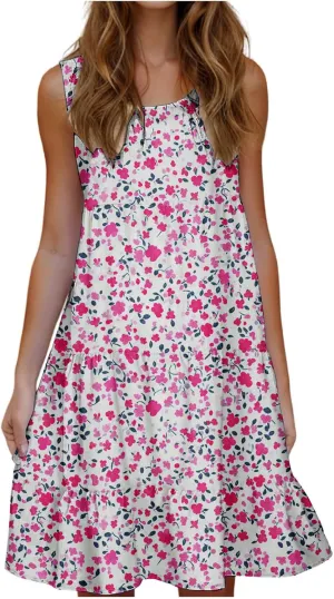 Women's Floral Print Dress Sleeveless Crewneck Summer Swing A-Line Dress Beach Casual Loose Sundress