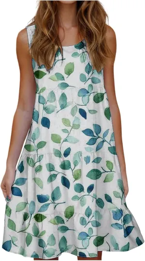 Women's Floral Print Dress Sleeveless Crewneck Summer Swing A-Line Dress Beach Casual Loose Sundress