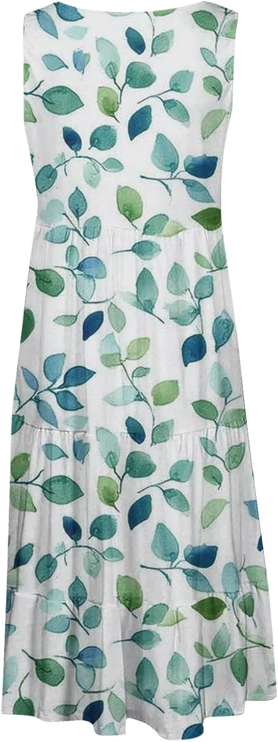 Women's Floral Print Dress Sleeveless Crewneck Summer Swing A-Line Dress Beach Casual Loose Sundress
