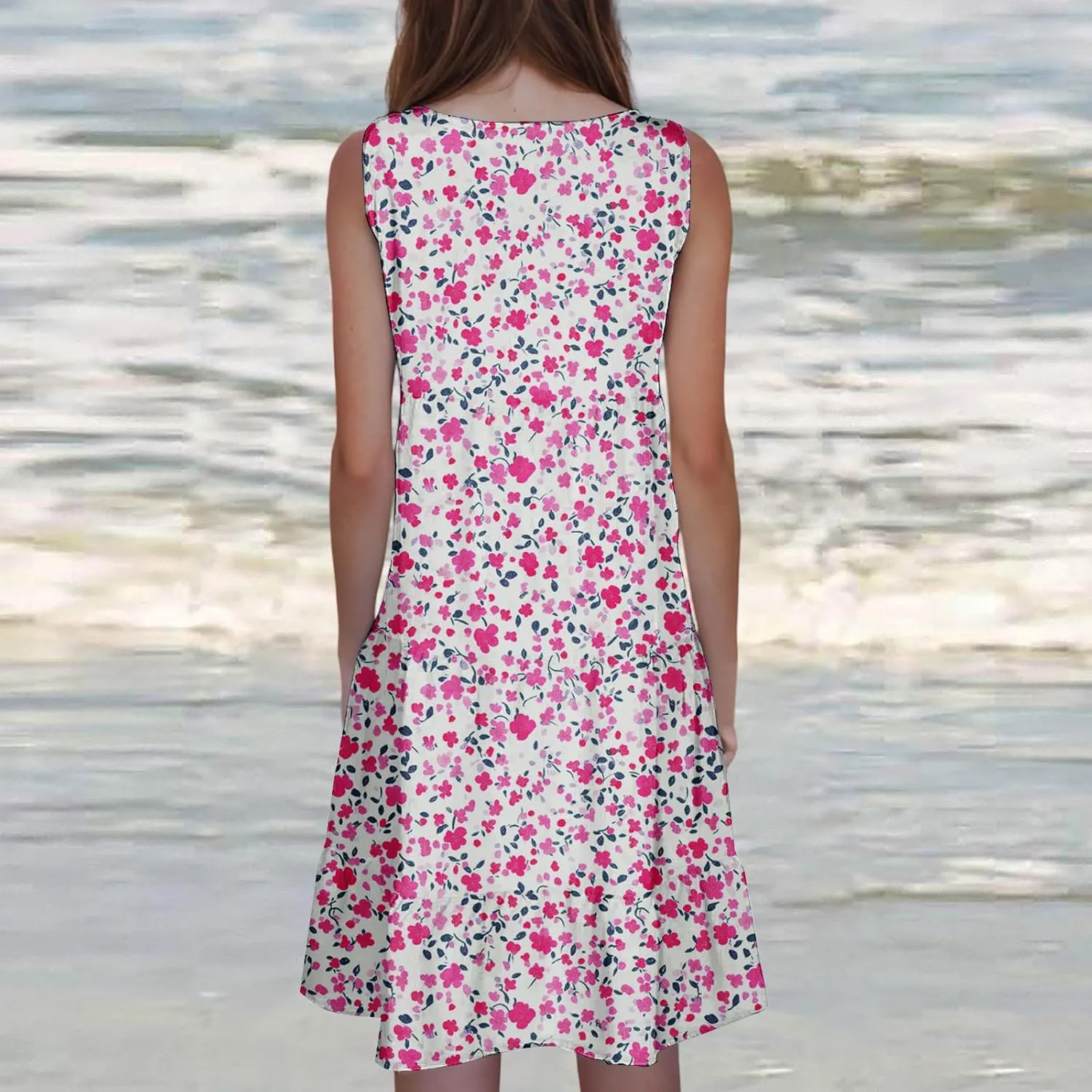 Women's Floral Print Dress Sleeveless Crewneck Summer Swing A-Line Dress Beach Casual Loose Sundress