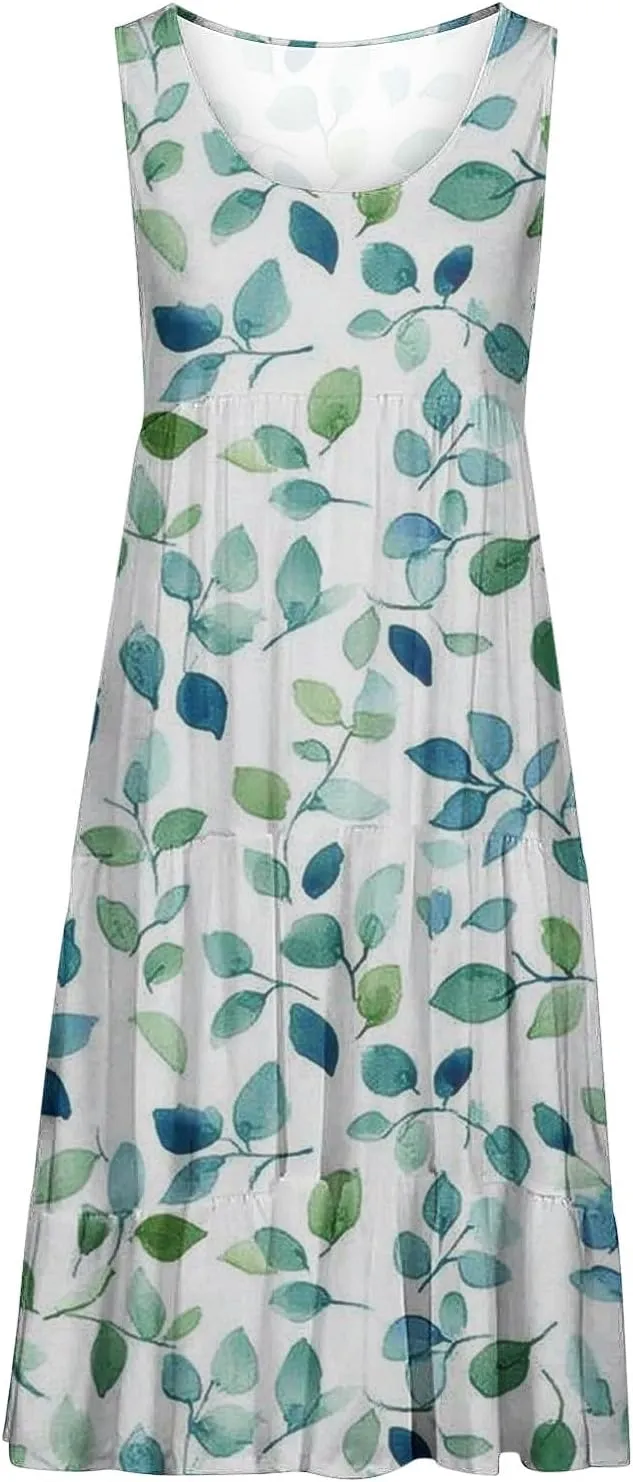 Women's Floral Print Dress Sleeveless Crewneck Summer Swing A-Line Dress Beach Casual Loose Sundress