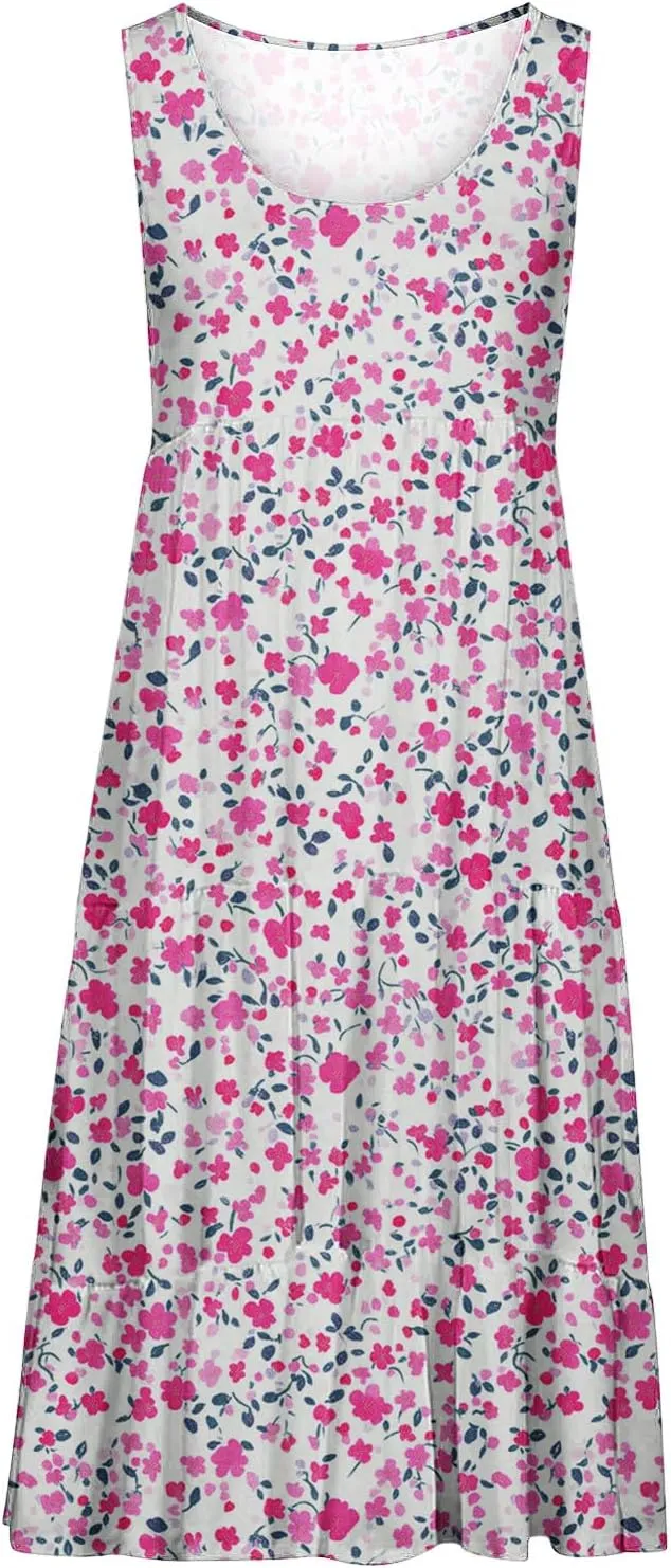 Women's Floral Print Dress Sleeveless Crewneck Summer Swing A-Line Dress Beach Casual Loose Sundress