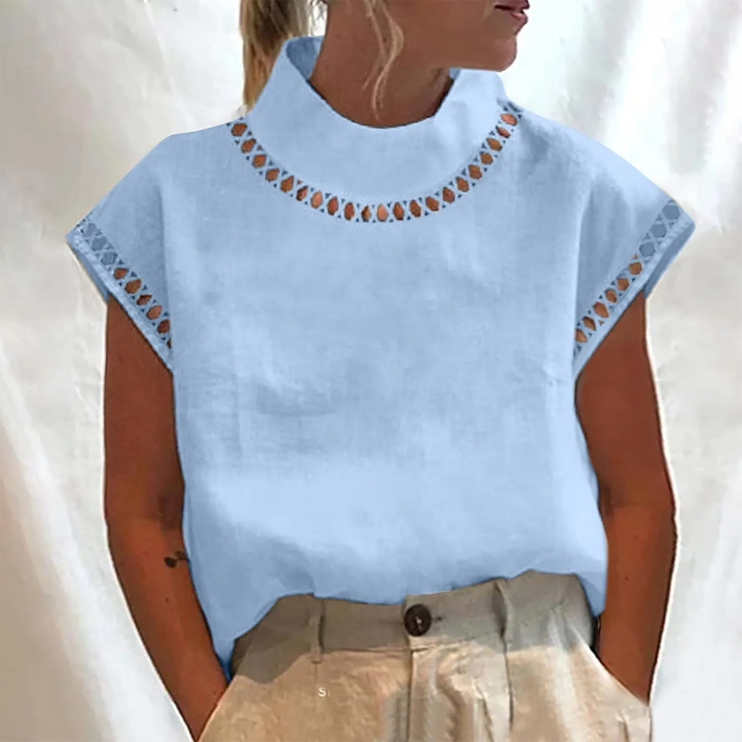 Womens Floral Print Linen Short Sleeve T Shirts Summer Dressy Casual Oversized Blouse Top V Neck Loose Tshirt
