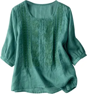 Womens Floral Print Linen Short Sleeve T Shirts Summer Dressy Casual Oversized Blouse Top V Neck Loose Tshirt
