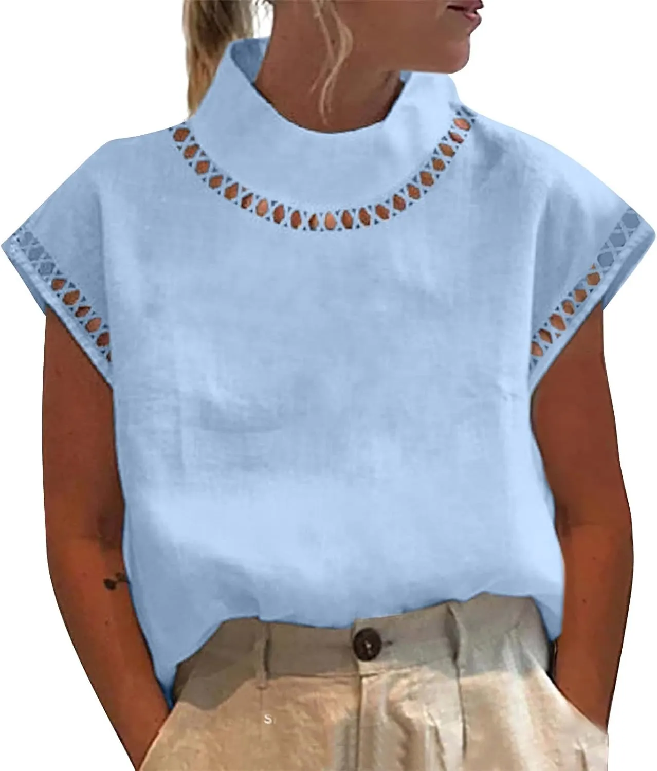 Womens Floral Print Linen Short Sleeve T Shirts Summer Dressy Casual Oversized Blouse Top V Neck Loose Tshirt
