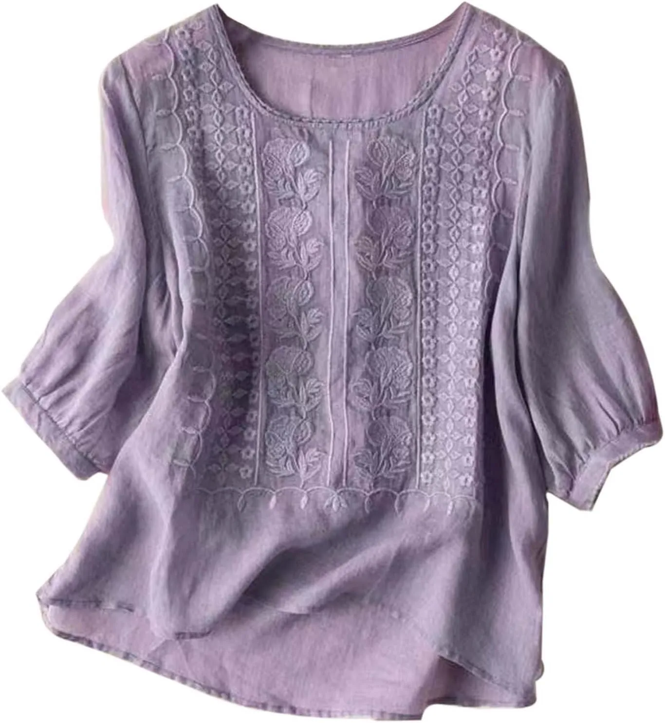 Womens Floral Print Linen Short Sleeve T Shirts Summer Dressy Casual Oversized Blouse Top V Neck Loose Tshirt