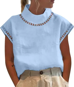 Womens Floral Print Linen Short Sleeve T Shirts Summer Dressy Casual Oversized Blouse Top V Neck Loose Tshirt