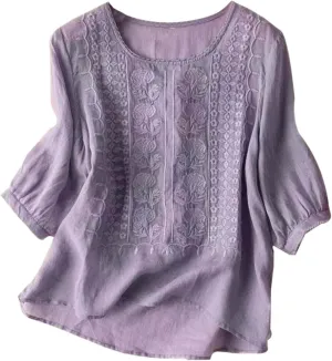 Womens Floral Print Linen Short Sleeve T Shirts Summer Dressy Casual Oversized Blouse Top V Neck Loose Tshirt