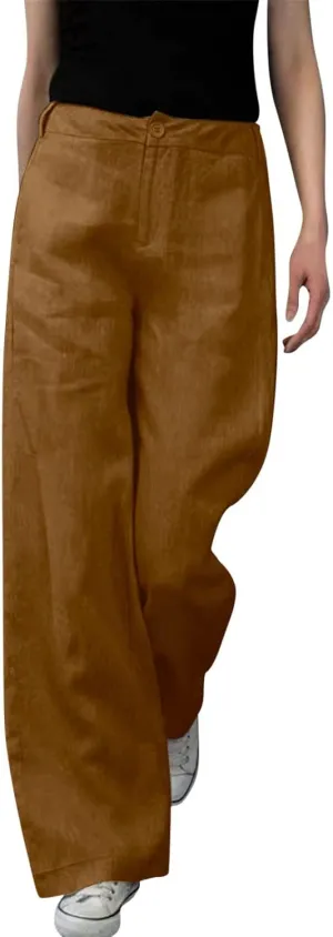 Women's High Waist Wide Leg Button Pants Cotton Lightweight Straight Leg Loose Fitted Trousers with Pockets Casual Solid Pant