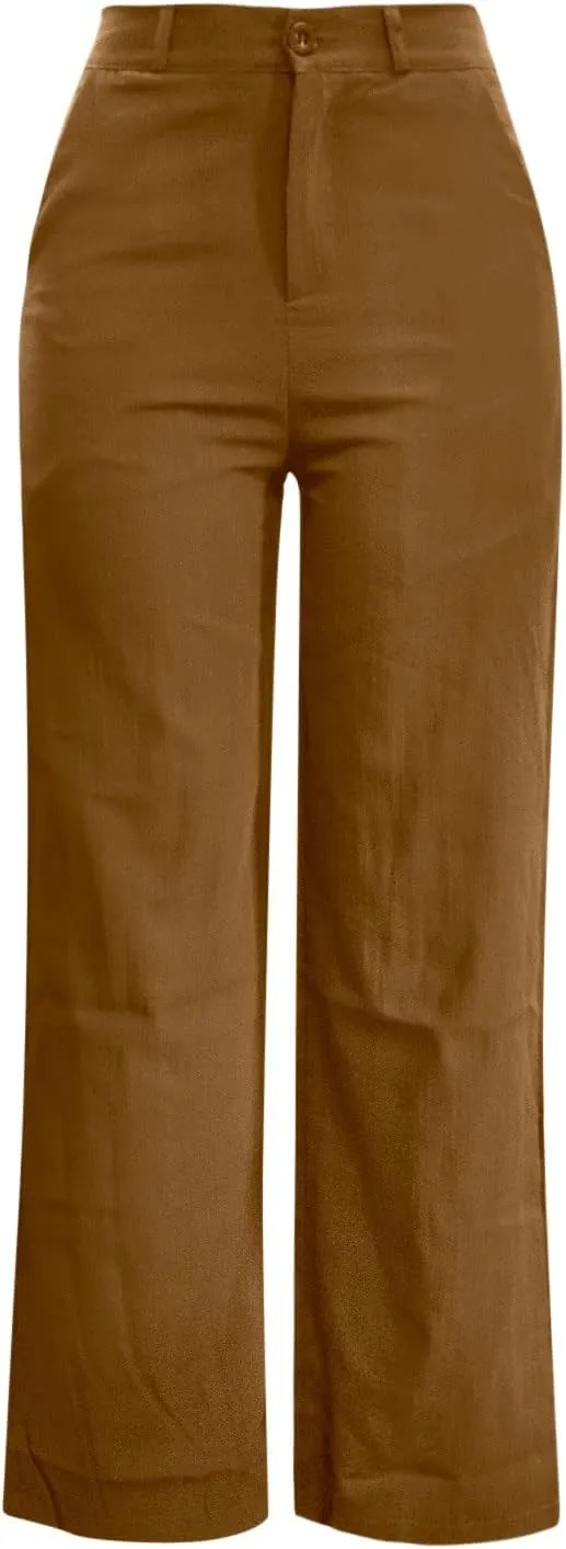 Women's High Waist Wide Leg Button Pants Cotton Lightweight Straight Leg Loose Fitted Trousers with Pockets Casual Solid Pant