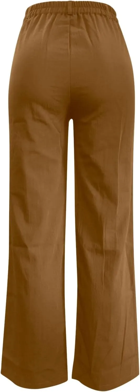 Women's High Waist Wide Leg Button Pants Cotton Lightweight Straight Leg Loose Fitted Trousers with Pockets Casual Solid Pant