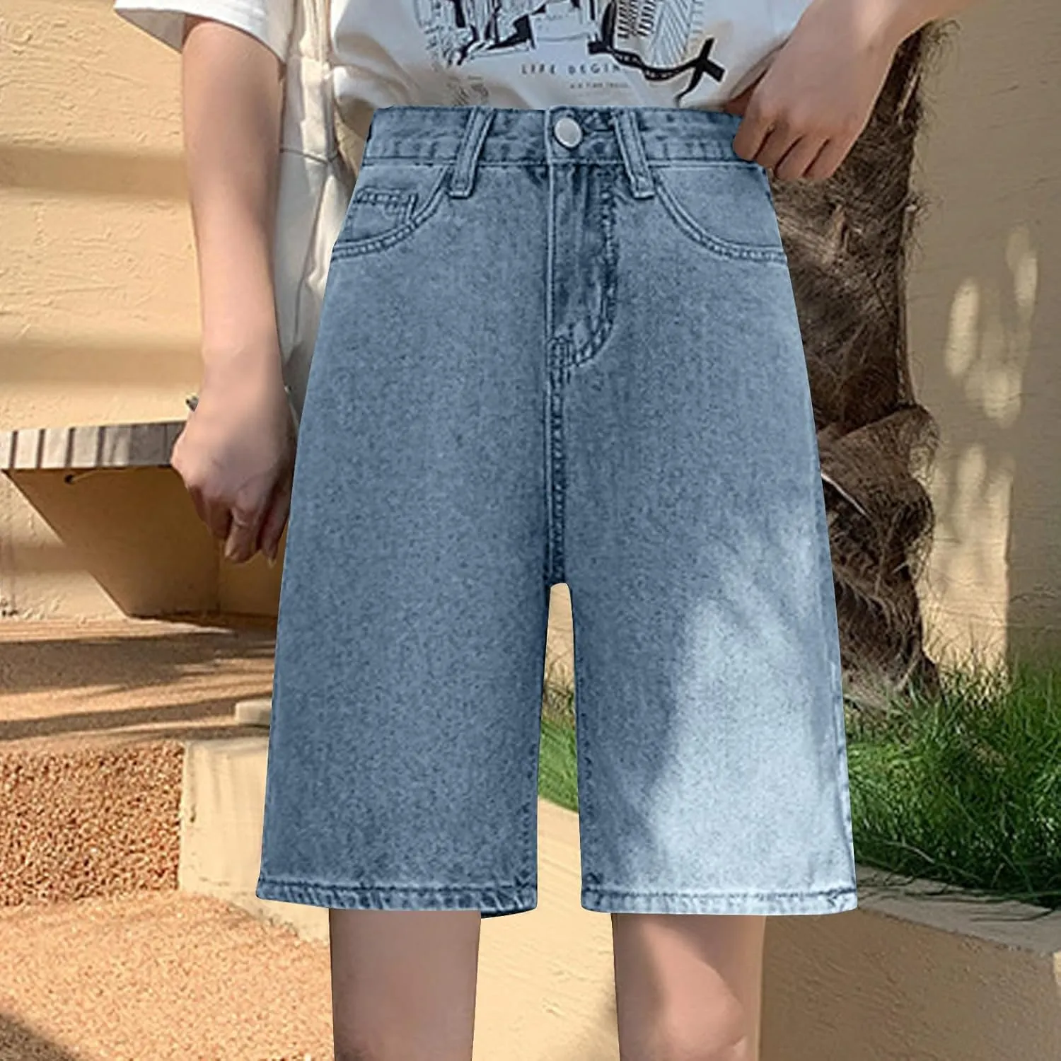 Women's High Waisted Knee Length Denim Shorts Button Adjustable Waist Shorts Bermuda Long Jean Pants Streetwear
