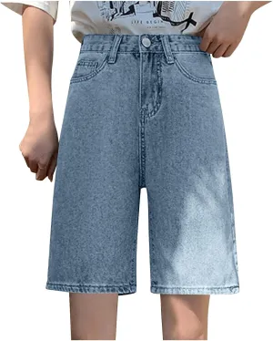 Women's High Waisted Knee Length Denim Shorts Button Adjustable Waist Shorts Bermuda Long Jean Pants Streetwear