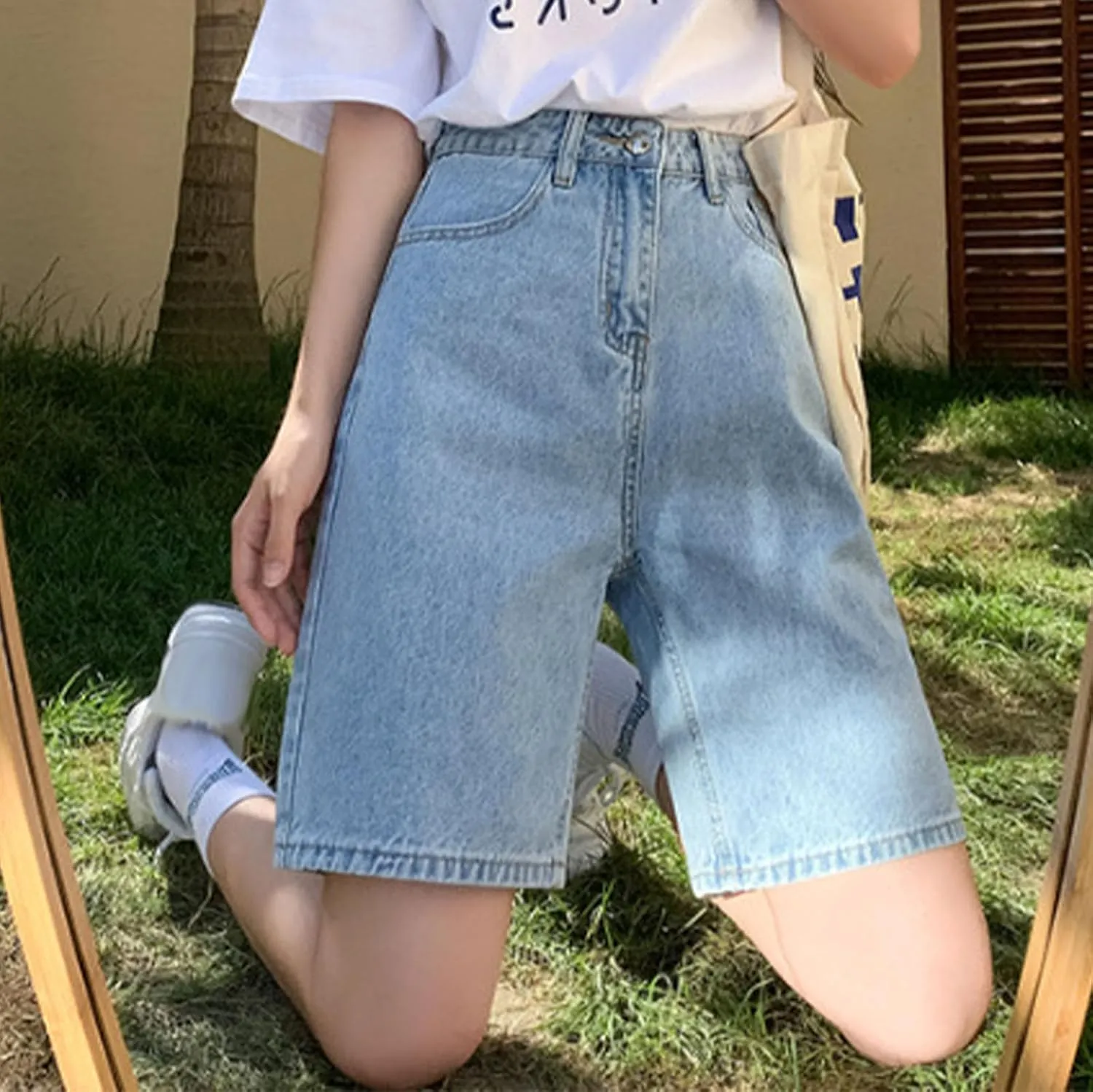 Women's High Waisted Knee Length Denim Shorts Button Adjustable Waist Shorts Bermuda Long Jean Pants Streetwear