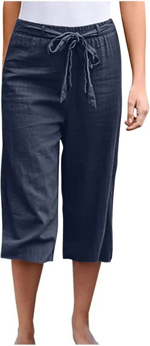 Women's Imitation Cotton and Linen Pants Elastic Waist Drawstring Capri Pants with Pockets Straight Leg Trousers