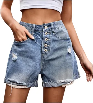 Women's Juniors Vintage Summer Denim High Waisted Folded Hem Jean Shorts Ripped Distressed Short Jeans Loose Pants