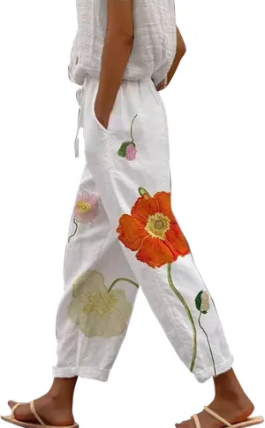 Womens Leggings and Summer Casual Drawstring Pants Casual Slacks Business Pants with Pockets Linen Pants for Women
