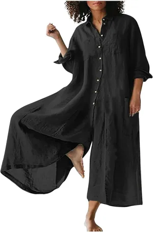 Womens Linen Jumpsuits Long Sleeve Button Up Casual Long Pant Romper Loose Fit Lapel Shirt Overall with Pockets
