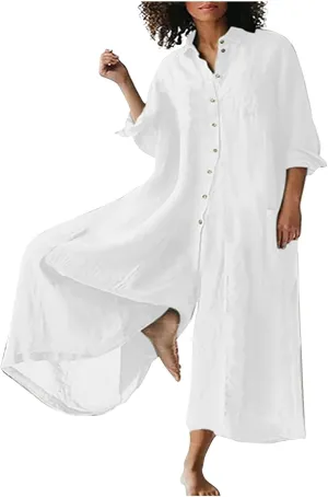 Womens Linen Jumpsuits Long Sleeve Button Up Casual Long Pant Romper Loose Fit Lapel Shirt Overall with Pockets