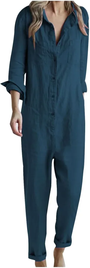 Womens Linen Jumpsuits Long Sleeve Button Up Casual Long Pant Romper Loose Fit Lapel Shirt Overall with Pockets