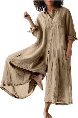 Womens Linen Jumpsuits Long Sleeve Button Up Casual Long Pant Romper Loose Fit Lapel Shirt Overall with Pockets