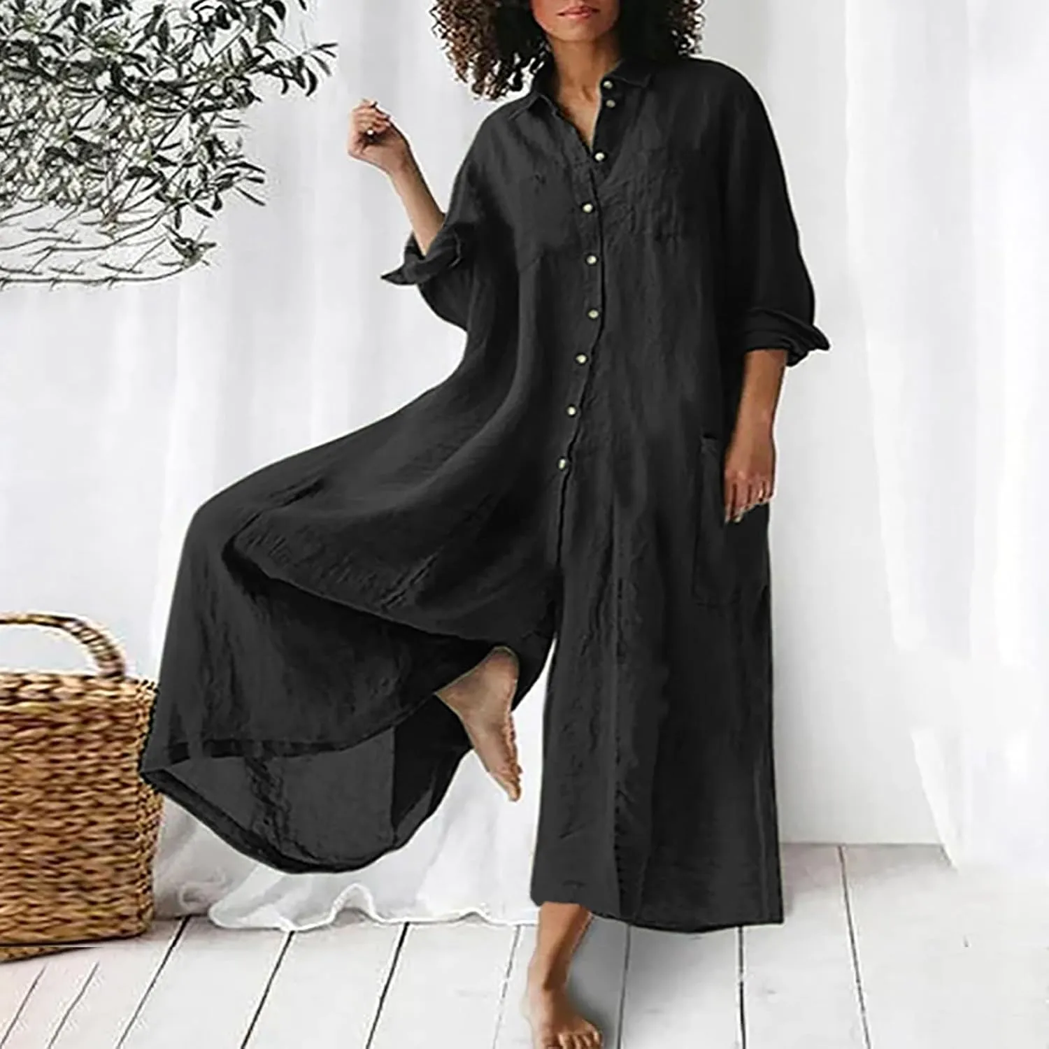 Womens Linen Jumpsuits Long Sleeve Button Up Casual Long Pant Romper Loose Fit Lapel Shirt Overall with Pockets
