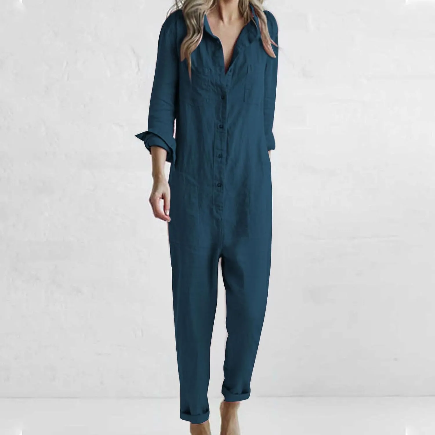 Womens Linen Jumpsuits Long Sleeve Button Up Casual Long Pant Romper Loose Fit Lapel Shirt Overall with Pockets