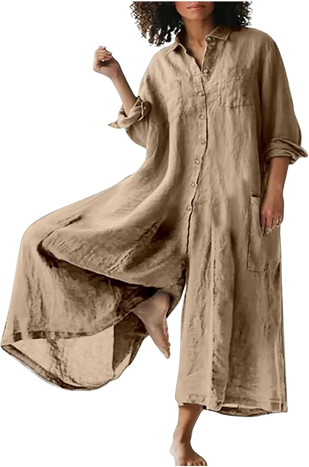 Womens Linen Jumpsuits Long Sleeve Button Up Casual Long Pant Romper Loose Fit Lapel Shirt Overall with Pockets