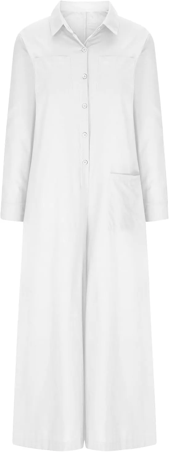 Womens Linen Jumpsuits Long Sleeve Button Up Casual Long Pant Romper Loose Fit Lapel Shirt Overall with Pockets