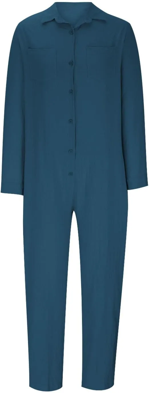 Womens Linen Jumpsuits Long Sleeve Button Up Casual Long Pant Romper Loose Fit Lapel Shirt Overall with Pockets