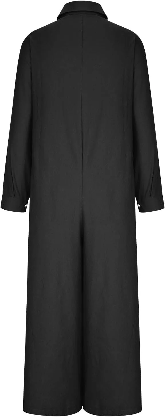 Womens Linen Jumpsuits Long Sleeve Button Up Casual Long Pant Romper Loose Fit Lapel Shirt Overall with Pockets