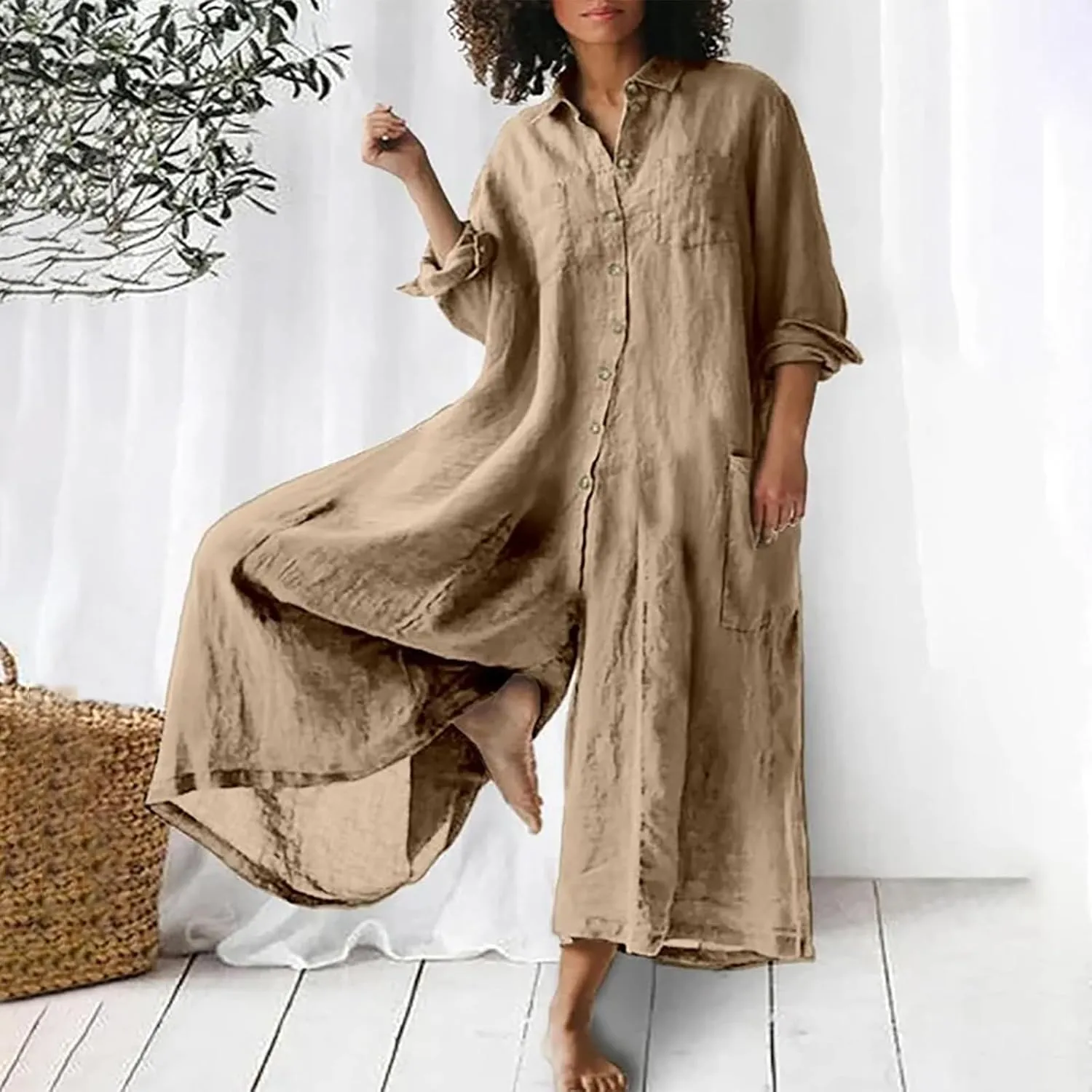 Womens Linen Jumpsuits Long Sleeve Button Up Casual Long Pant Romper Loose Fit Lapel Shirt Overall with Pockets